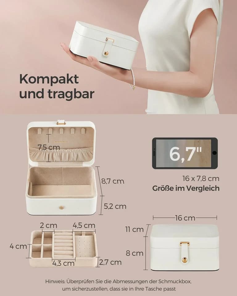 SONGMICS Schmuckkasten Reiseetui 2 Ebenen Tragbar Wolkenweiß - Bild 3