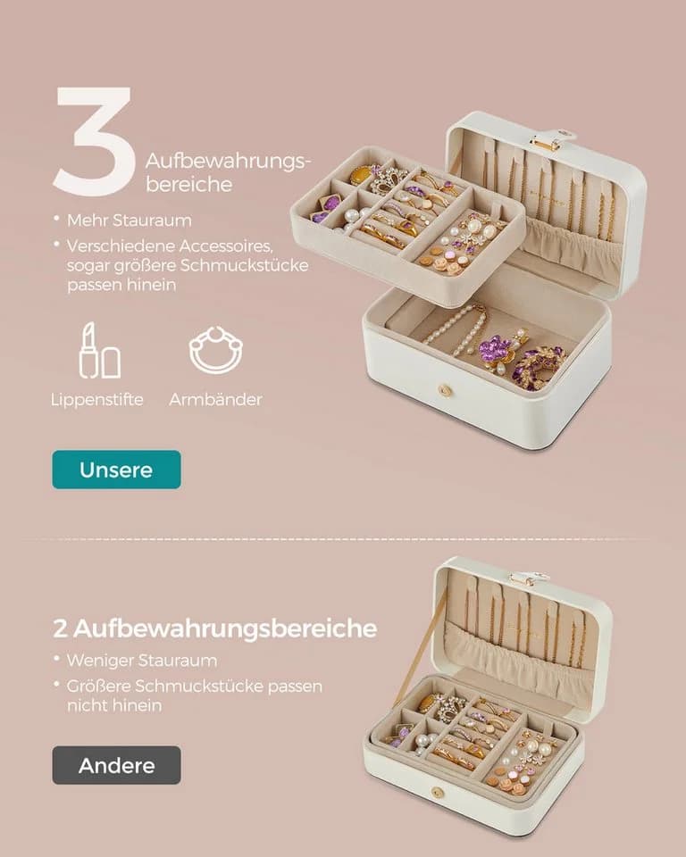 SONGMICS Schmuckkasten Reiseetui 2 Ebenen Tragbar Wolkenweiß - Bild 4