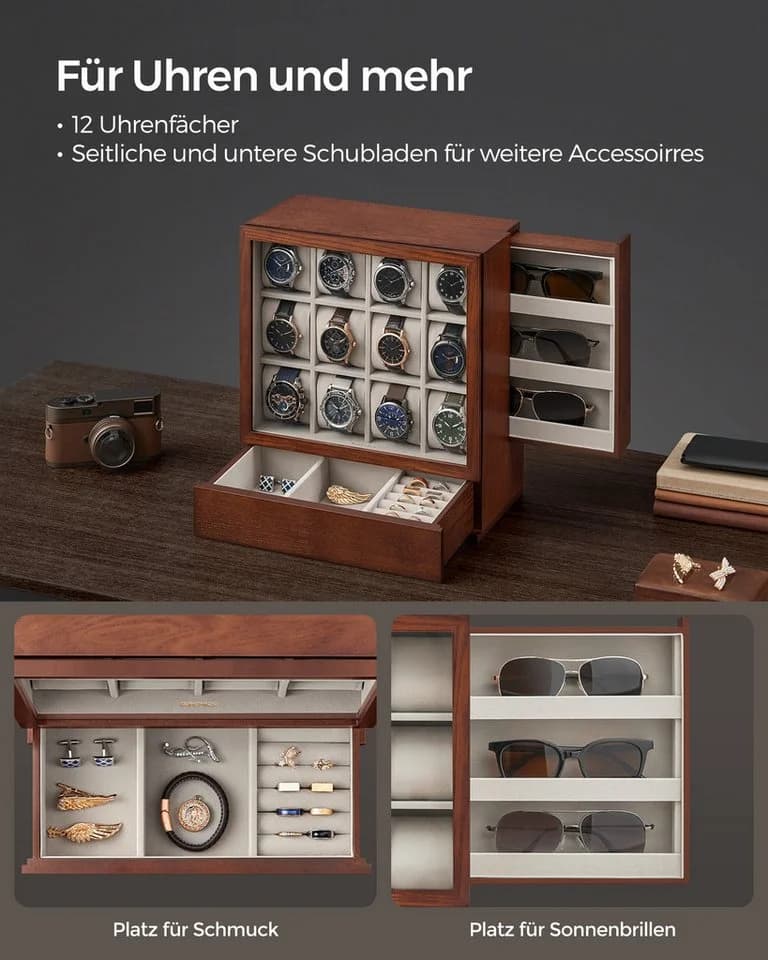 SONGMICS Uhrenbox 12 Fächer Kaffeebraun Vertikale Aufbewahrung - Bild 3