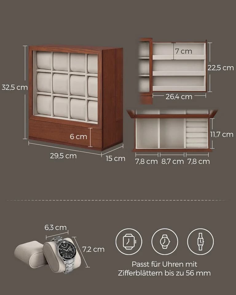 SONGMICS Uhrenbox 12 Fächer Kaffeebraun Vertikale Aufbewahrung - Bild 5