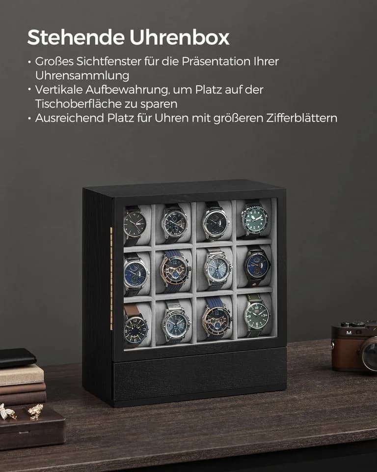 SONGMICS Uhrenbox 12 Fächer Ebenholzschwarz