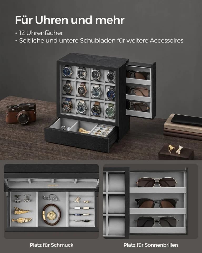 SONGMICS Uhrenbox 12 Fächer Ebenholzschwarz - Bild 3
