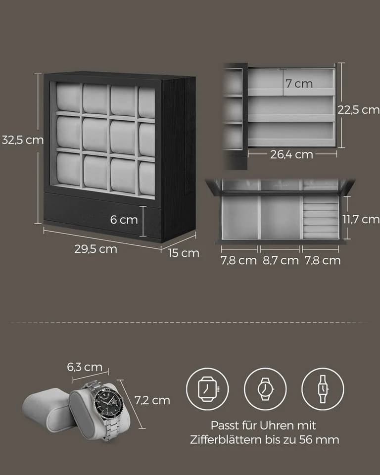 SONGMICS Uhrenbox 12 Fächer Ebenholzschwarz - Bild 5