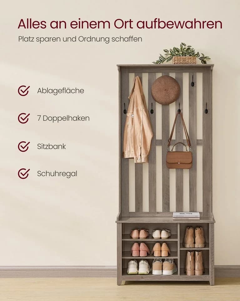 VASAGLE Garderobenständer mit Sitzbank und Schuhregal Greige - Bild 3