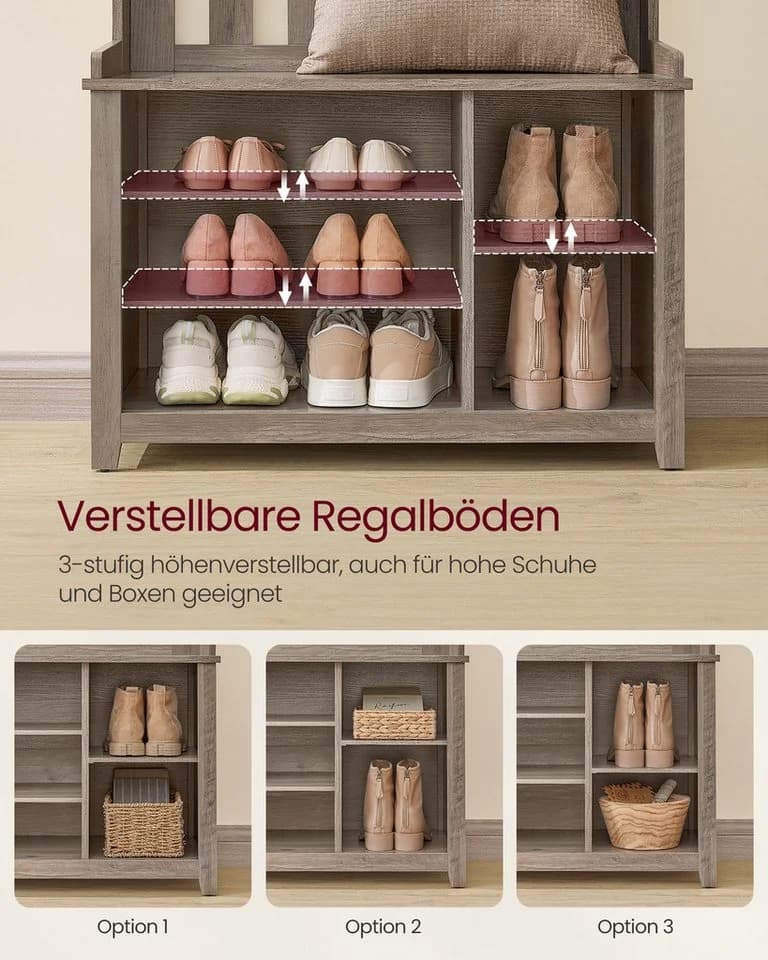 VASAGLE Garderobenständer mit Sitzbank und Schuhregal Greige - Bild 4