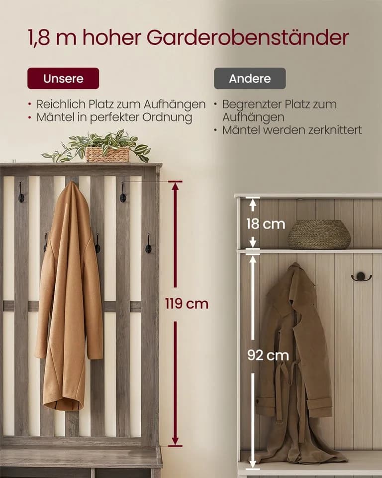 VASAGLE Garderobenständer mit Sitzbank und Schuhregal Greige - Bild 5