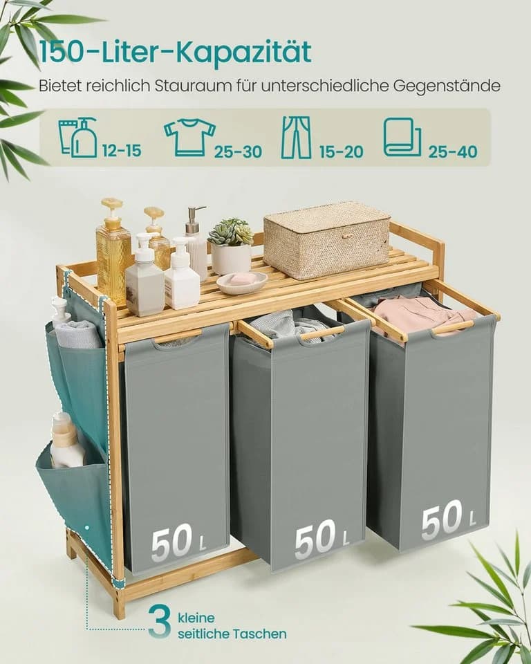 SONGMICS Wäschekorb 2 Fächer Bambus Cremeweiß 100 L - Bild 3