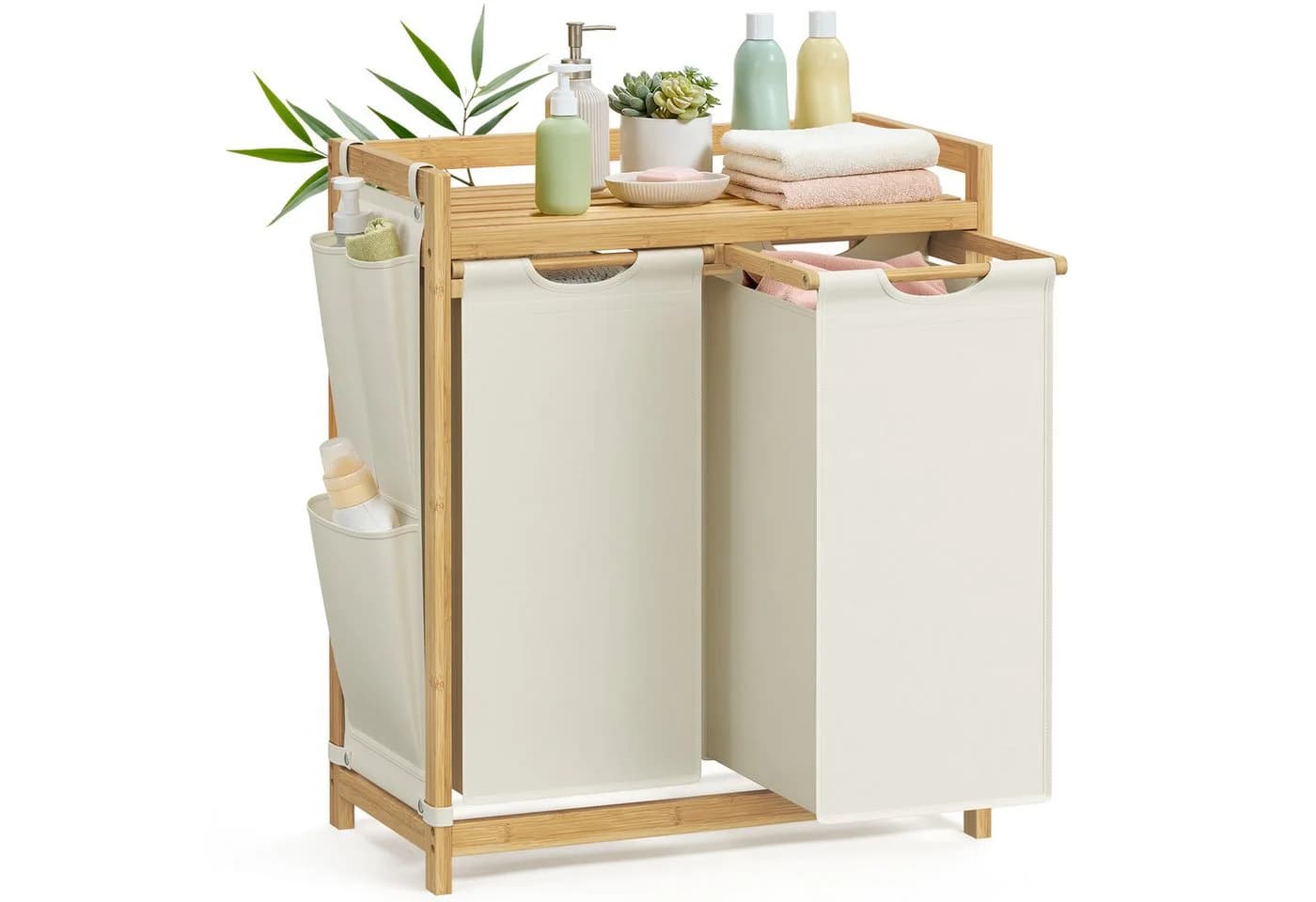 SONGMICS Wäschekorb 2 Fächer Bambus Cremeweiß 100 L Wäschesortierer - Bild 2