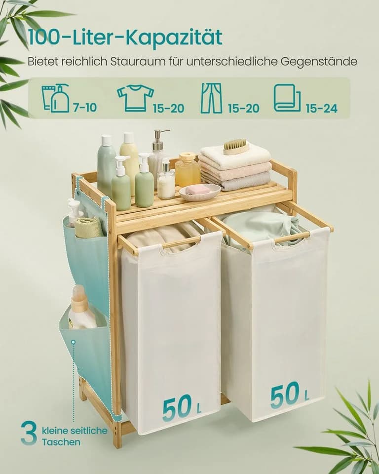 SONGMICS Wäschekorb 2 Fächer Bambus Cremeweiß 100 L Wäschesortierer - Bild 3