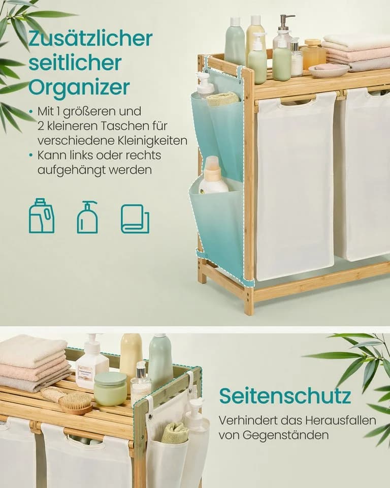 SONGMICS Wäschekorb 2 Fächer Bambus Cremeweiß 100 L Wäschesortierer - Bild 4