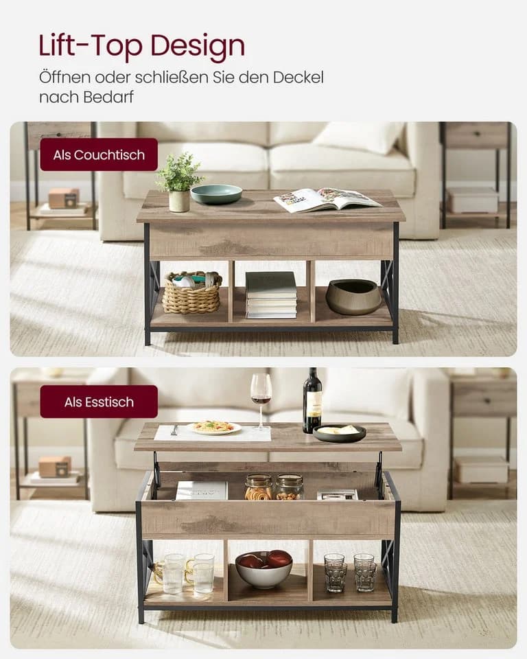VASAGLE Couchtisch höhenverstellbar Wohnzimmertisch Stauraum - Bild 3