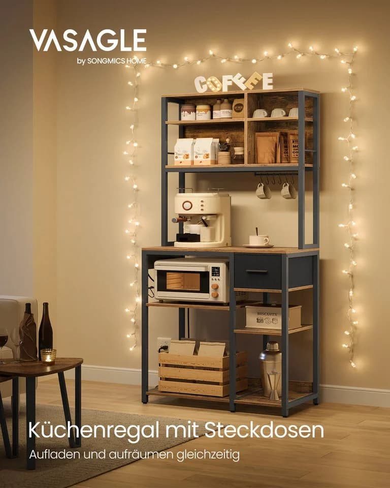 VASAGLE Küchenregal mit Steckdosen, verstellbaren Ablagen, Vintagebraun-Tintenschwarz