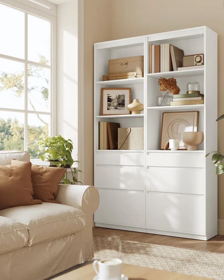 VASAGLE Bücherregal Hochschrank 3 Schubladen Schneeweiß