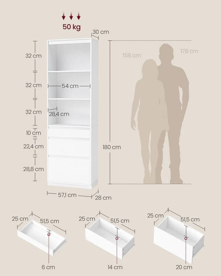 VASAGLE Bücherregal Hochschrank 3 Schubladen Schneeweiß - Bild 5