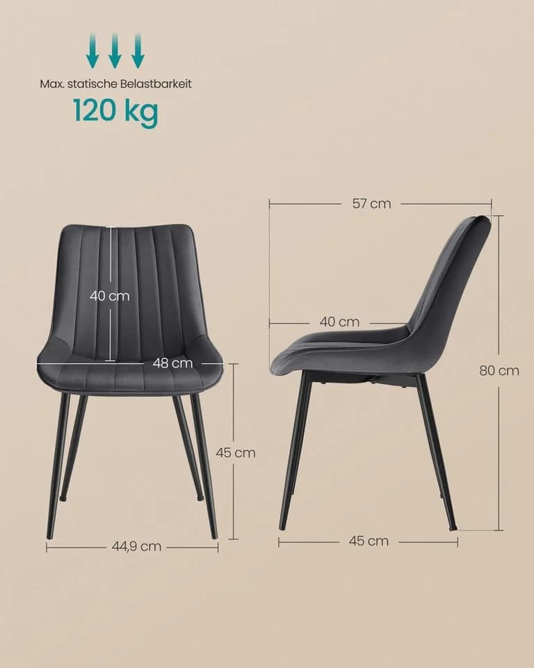SONGMICS Esszimmerstuhl-Set 4 St. Grau/Schwarz Samt Polsterstuhl - Bild 5