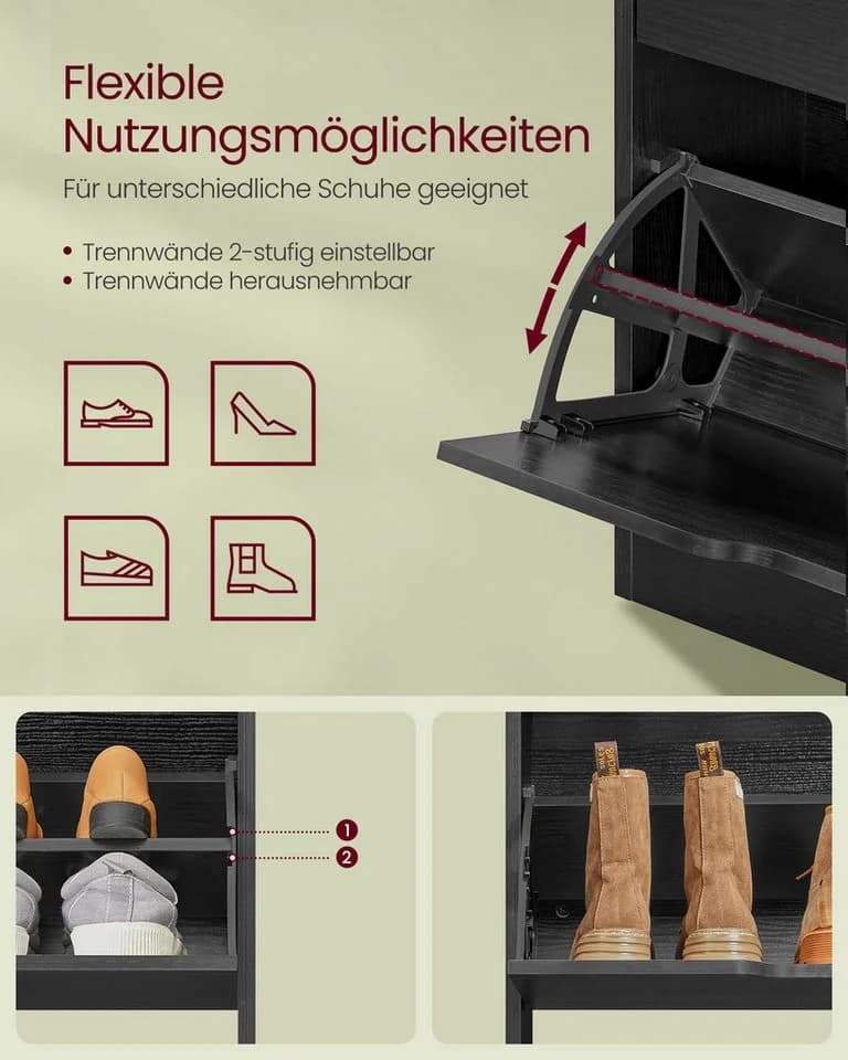 VASAGLE Schuhschrank Ebenholzschwarz Mit 2 oder 3 Klappen - Bild 4