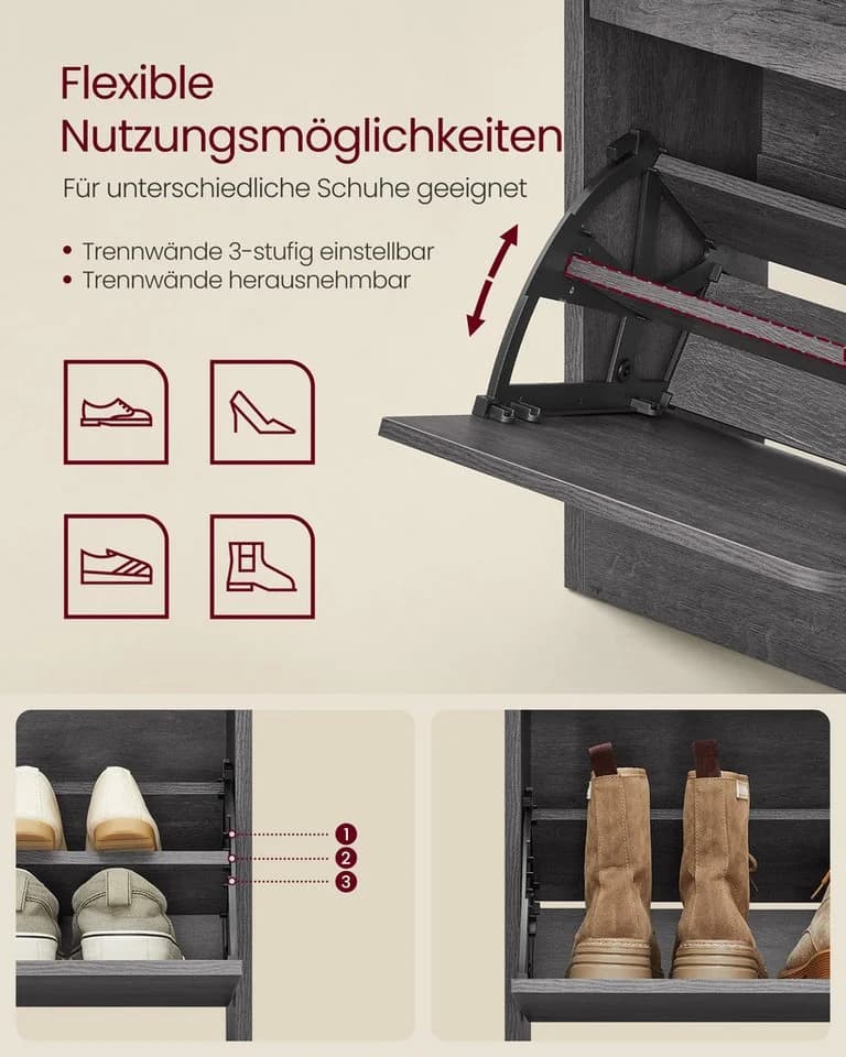 VASAGLE Schuhschrank Nebelgrau Mit 2 oder 3 Klappen und zusätzlichen Fächern - Bild 5