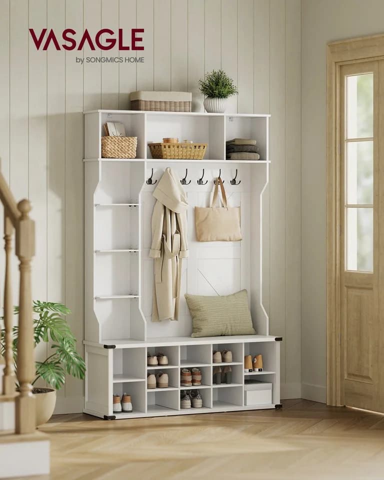 VASAGLE Garderobenständer 4-in-1 mit Schuhbank Weiß