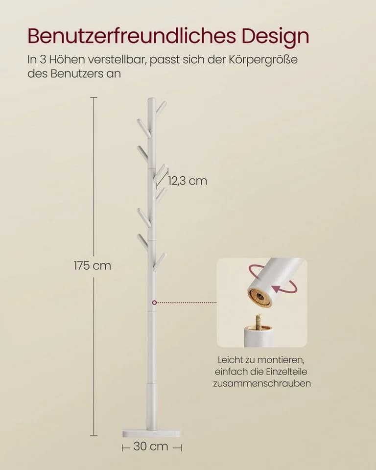 VASAGLE Garderobenständer Massivholz 30 x 30 x 175 cm Beige - Bild 5