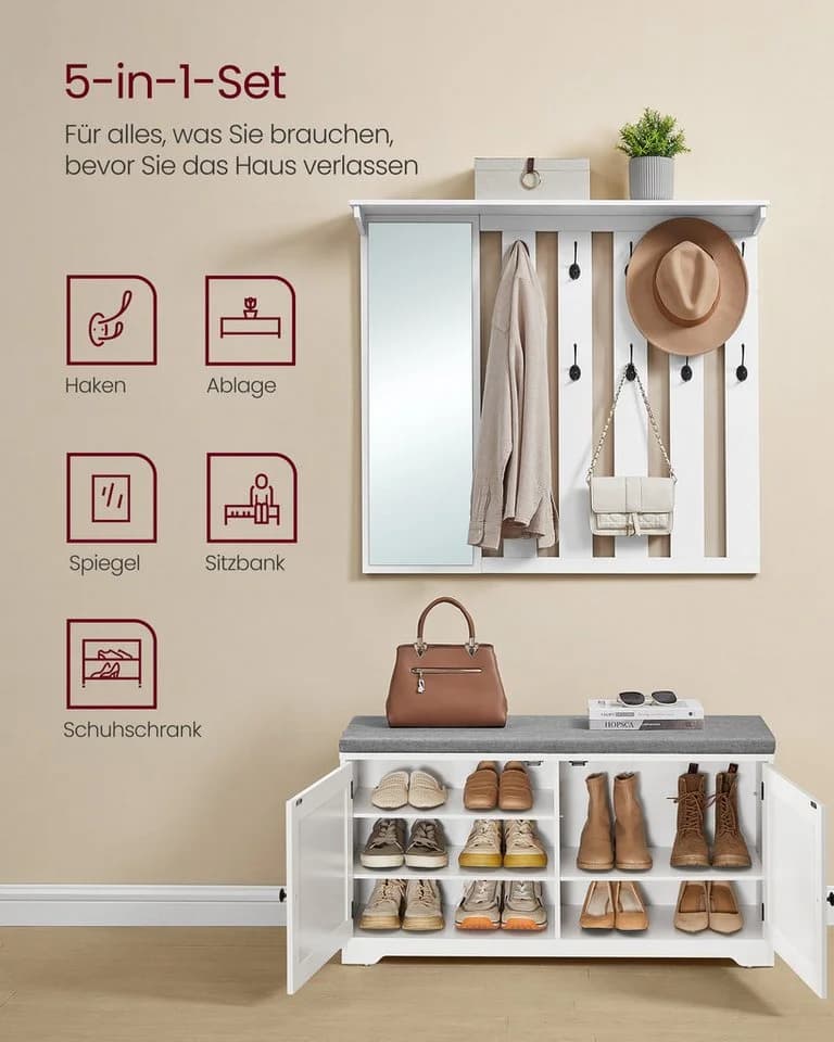 VASAGLE Schuhbank mit Spiegel 10 Doppelhaken - Bild 3