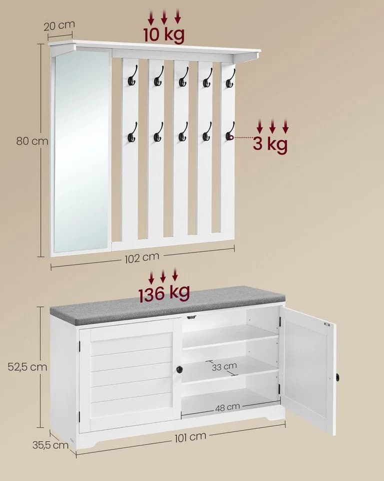 VASAGLE Schuhbank mit Spiegel 10 Doppelhaken - Bild 5