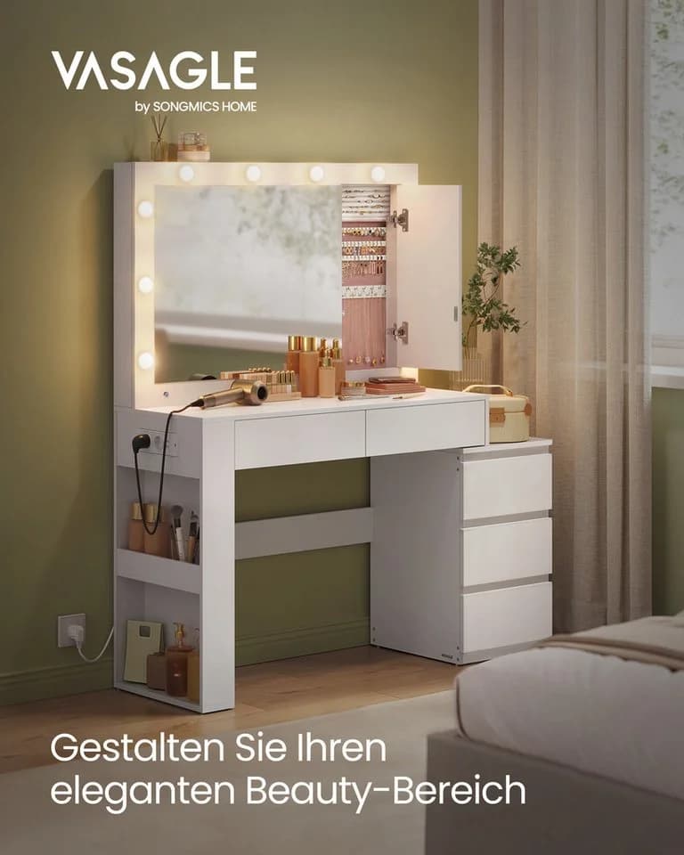 VASAGLE Schminktisch Frisiertisch mit Spiegel, Schmuckschrank, Steckdosenleiste 40 x 125 x 140 cm
