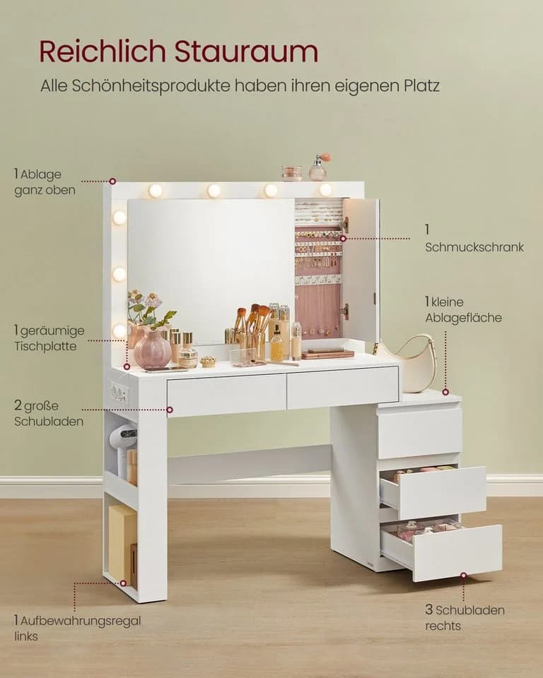 VASAGLE Schminktisch Frisiertisch mit Spiegel, Schmuckschrank, Steckdosenleiste 40 x 125 x 140 cm - Bild 3