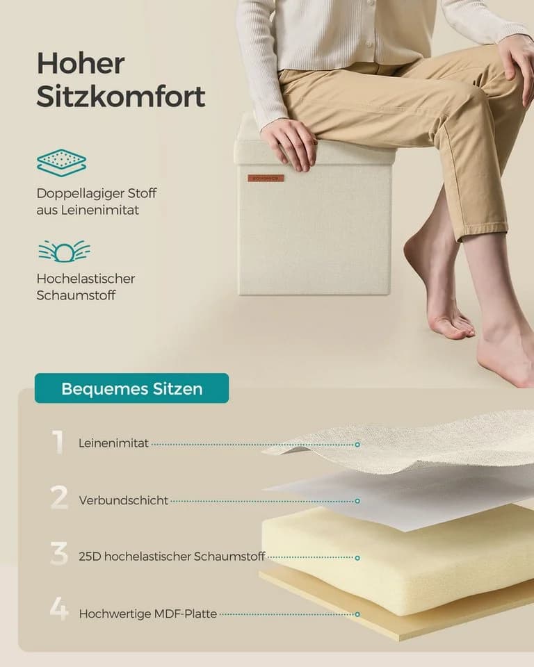 SONGMICS Sitzhocker 30x30x30cm Cremeweiß MDF - Bild 5