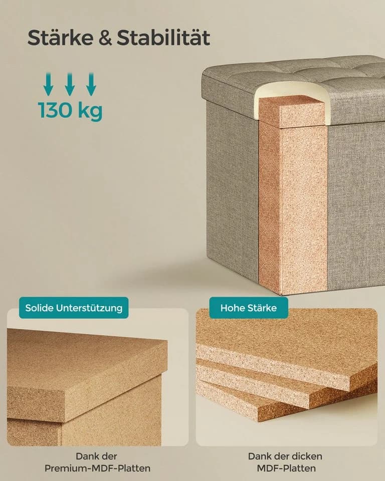Faltbarer Sitzhocker mit Stauraum in Kamelbraun und Cremeweiß - Bild 4