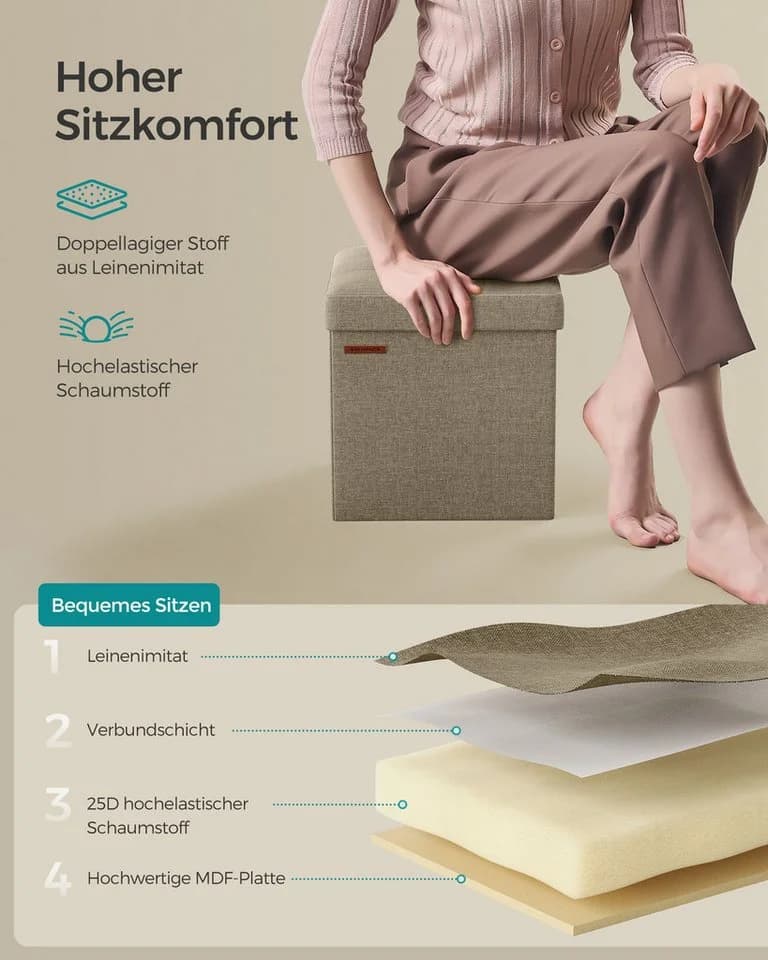 Faltbarer Sitzhocker mit Stauraum in Kamelbraun und Cremeweiß - Bild 5