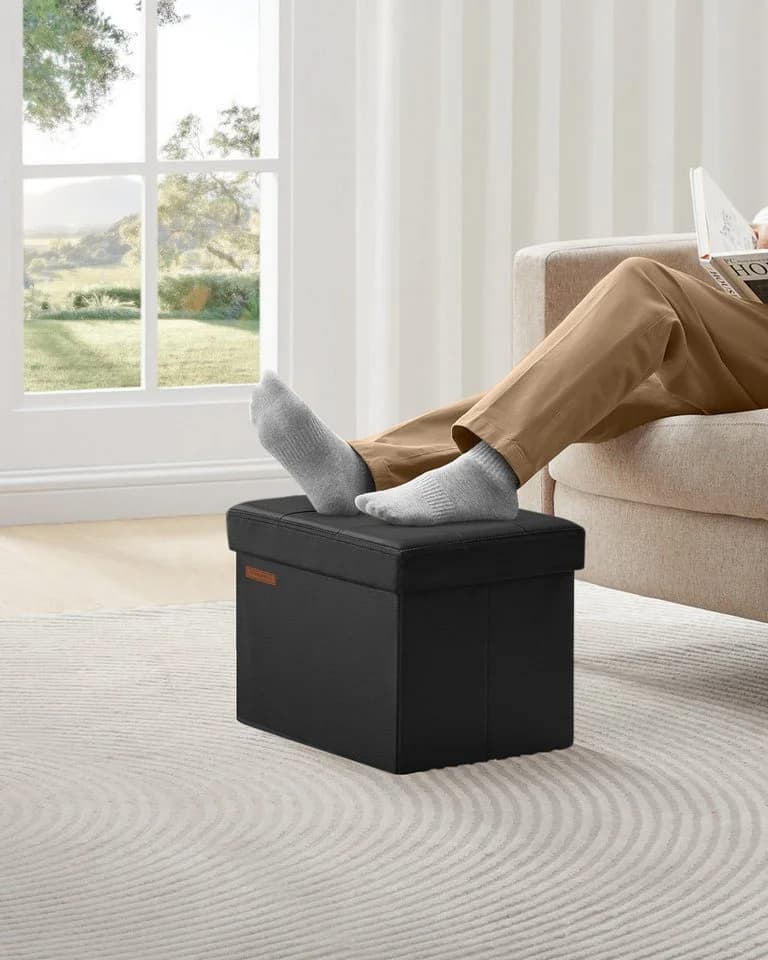 SONGMICS Sitzhocker mit Stauraum, kleine klappbare Sitzbank, Fußbank, Aufbewahrungsbox Kaffeebraun/Tintenschwarz