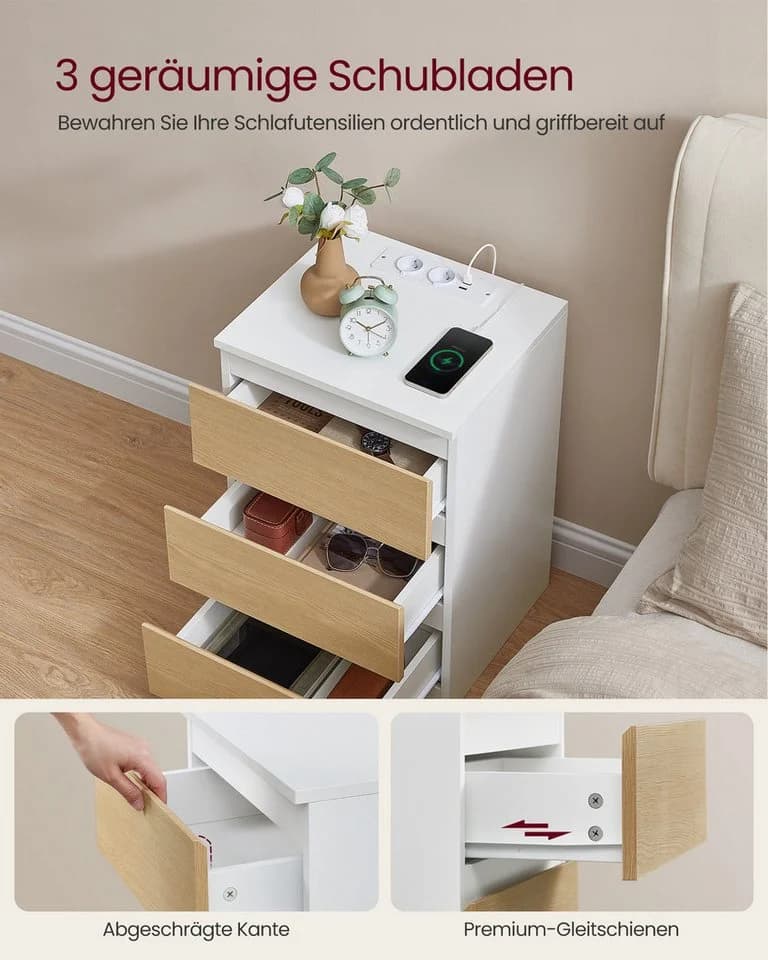 VASAGLE Nachttisch 2-St. 3 Schubladen Wolkenweiß-Mandelgelb - Bild 4