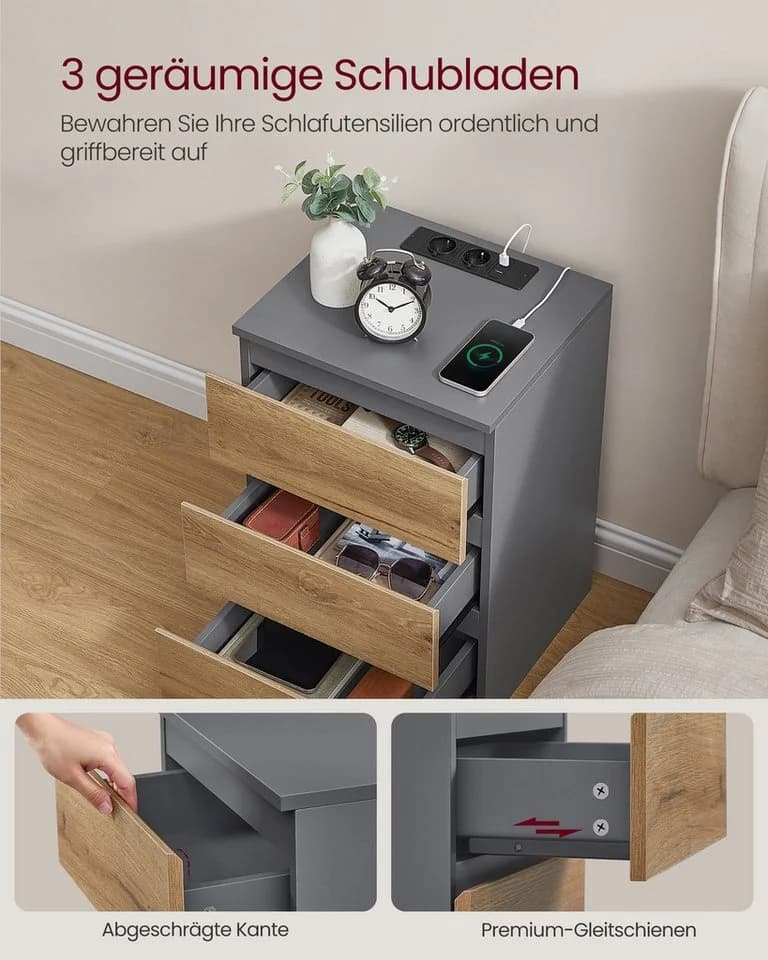 VASAGLE Nachttisch 3 Schubladen Schiefergrau-Naturbraun - Bild 3