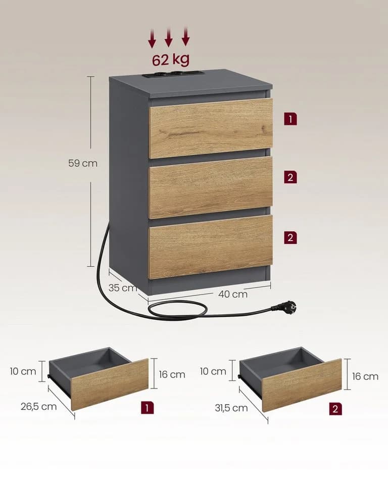VASAGLE Nachttisch 3 Schubladen Schiefergrau-Naturbraun - Bild 5