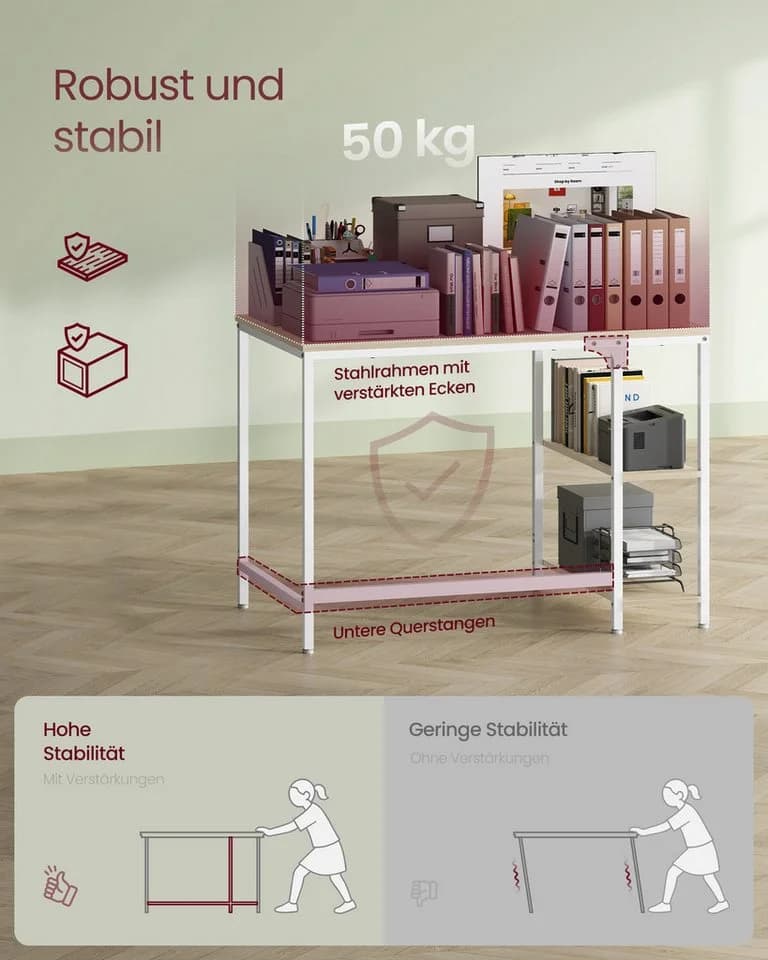 VASAGLE Schreibtisch Computertisch 100/120/140cm mit 2 Ablagen Moderner Stil - Bild 5