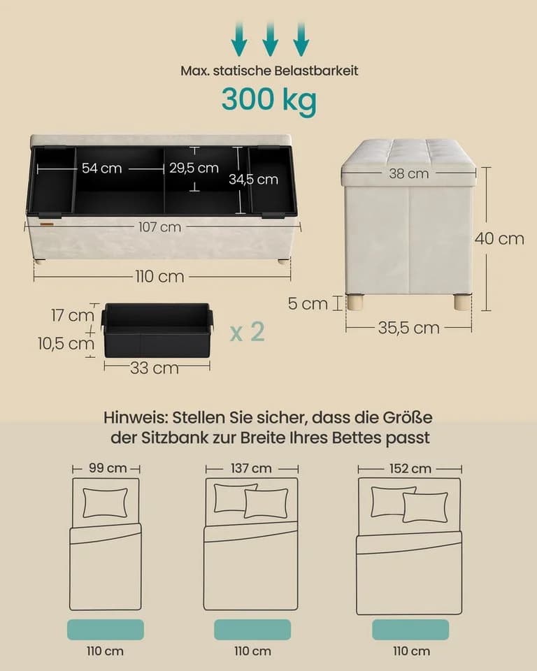 SONGMICS Sitzbank Aufbewahrungsbox Faltbar Beige 38 x 110 x 40 cm - Bild 3