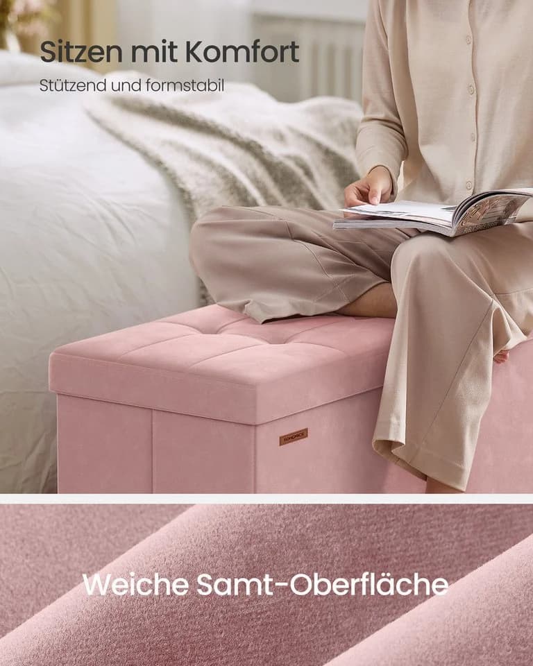SONGMICS Sitzbank Aufbewahrungsbox Faltbar Pastellrosa Samt - Bild 4