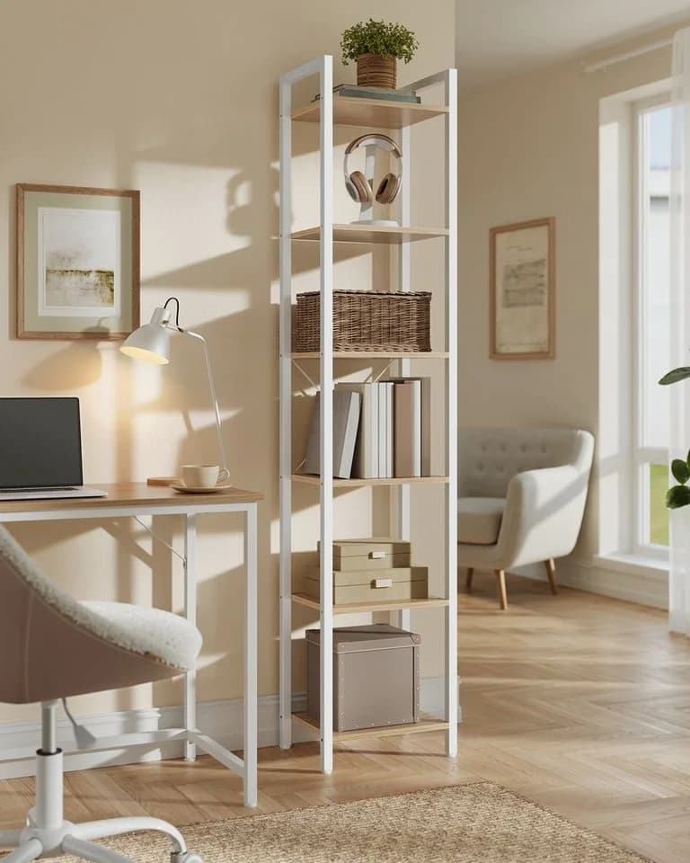 VASAGLE Bücherregal 6 Ebenen Stahlrahmen Naturbeige-Mattweiß
