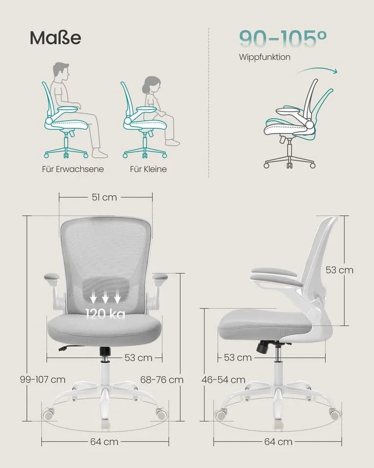 SONGMICS Bürostuhl Ergonomisch Drehstuhl Mesh Wippfunktion Klappbare Armlehnen - Bild 3