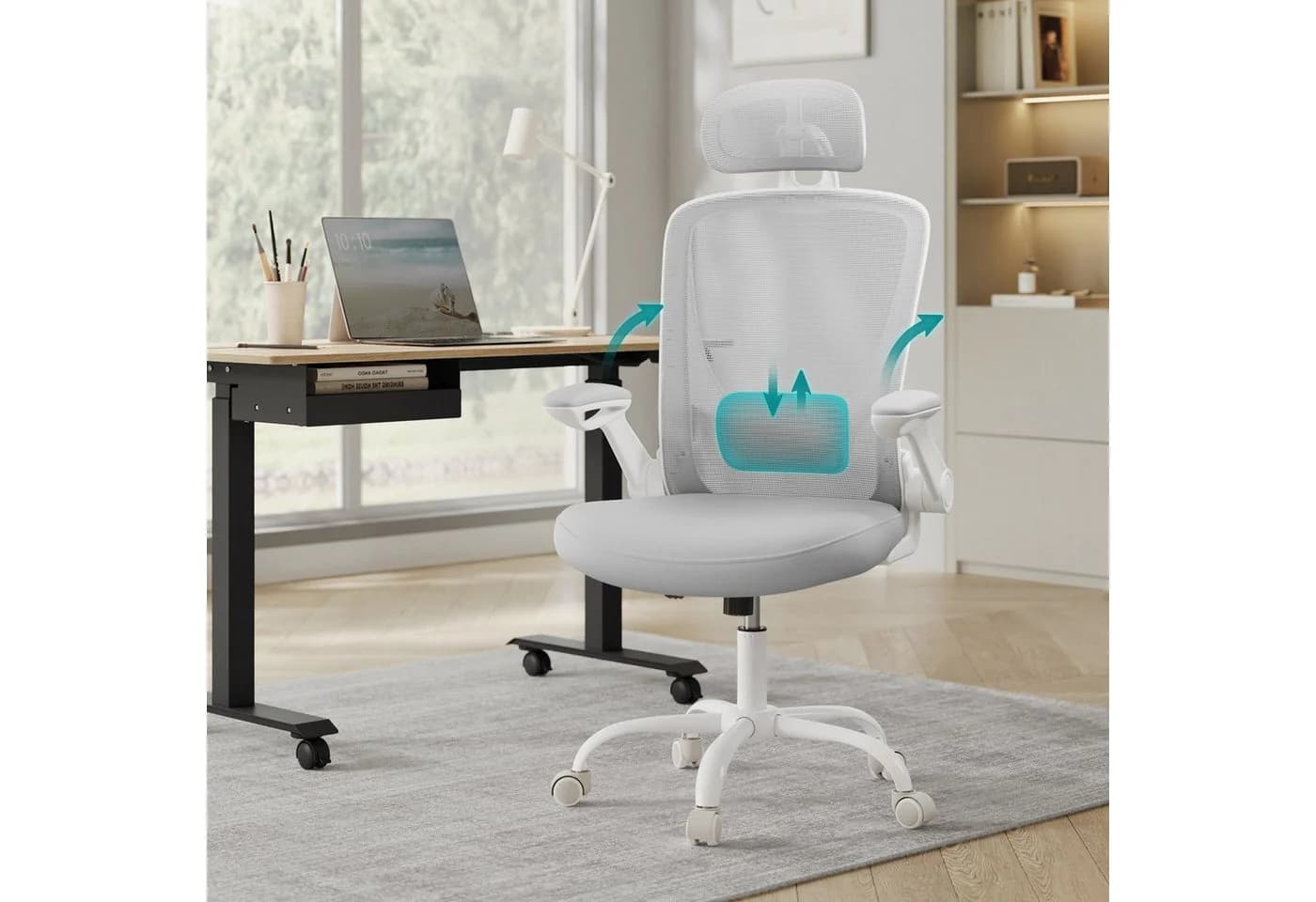 SONGMICS Bürostuhl Ergonomisch Drehstuhl Mesh Wippfunktion Klappbare Armlehnen Grau