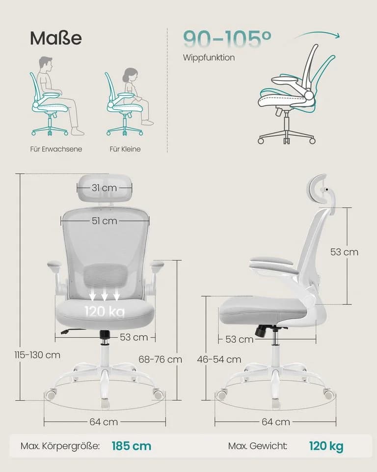 SONGMICS Bürostuhl Ergonomisch Drehstuhl Mesh Wippfunktion Klappbare Armlehnen Grau - Bild 3