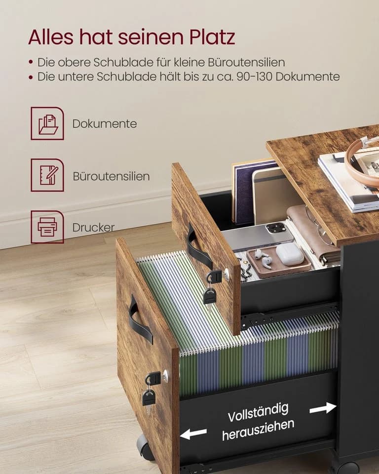 VASAGLE Aktenschrank Rollcontainer, abschließbar, mit 2 Schubladen, 5 Rollen, für Hängeregistratur im A4/Letter-Format - Bild 4