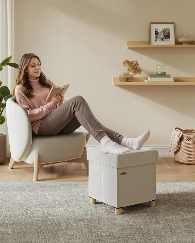 SONGMICS Sitzhocker Faltbar Beige Aufbewahrungsbox 38x38x40 cm
