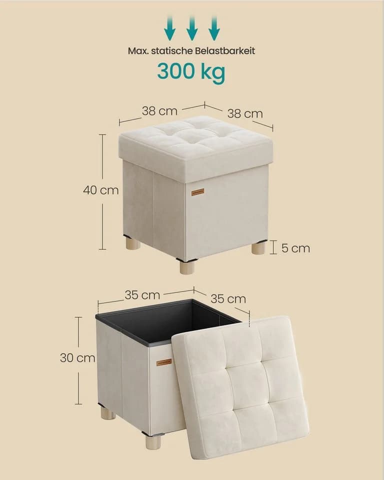 SONGMICS Sitzhocker Faltbar Beige Aufbewahrungsbox 38x38x40 cm - Bild 3