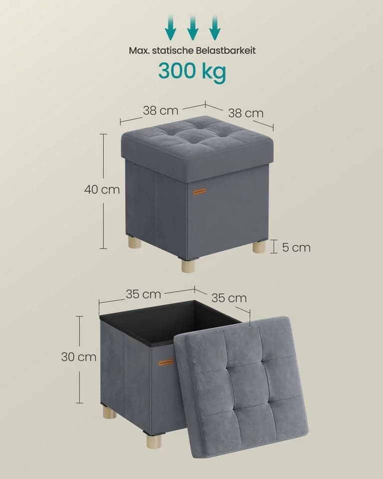 SONGMICS Sitzhocker Aufbewahrungsbox Faltbar 38x38x40 cm Grau - Bild 3
