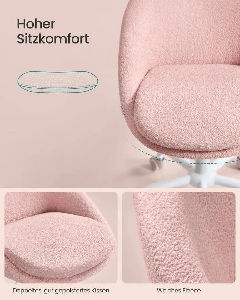SONGMICS Bürostuhl Schreibtischstuhl Sherpa-Stoff Pastellrosa - Bild 5