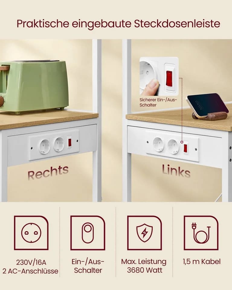 VASAGLE Küchenregal 4 Ebenen mit Steckdosen und verstellbarer Ablage - Bild 4