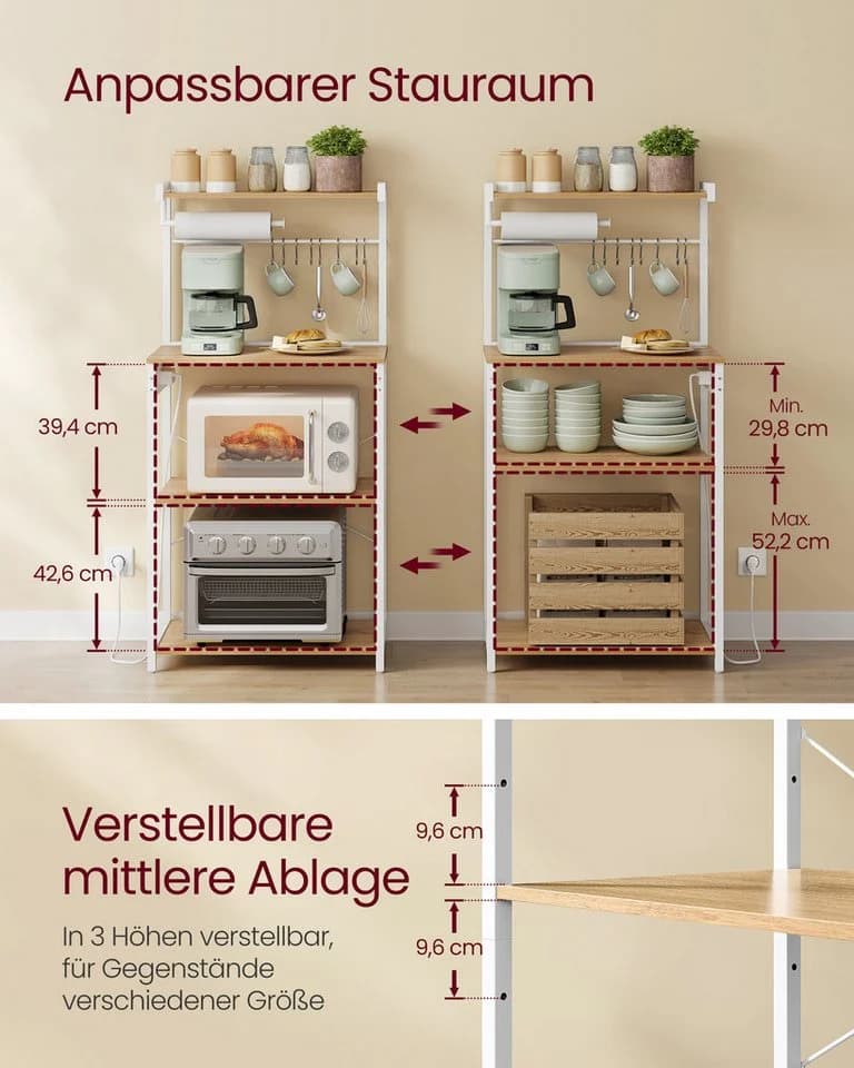 VASAGLE Küchenregal 4 Ebenen mit Steckdosen und verstellbarer Ablage - Bild 5