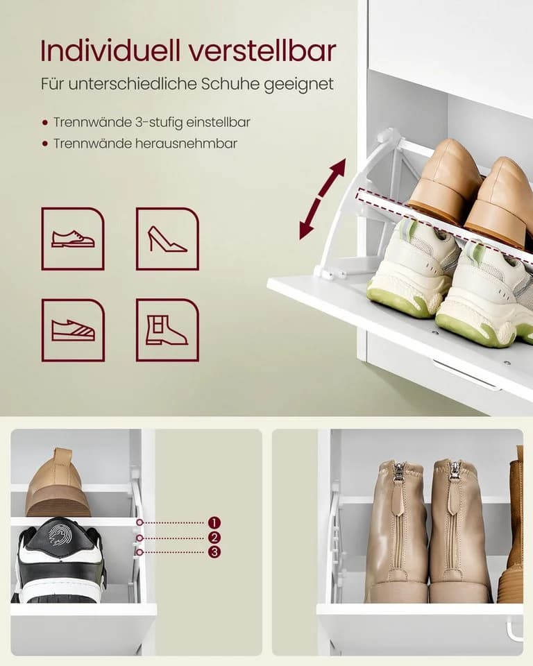 VASAGLE Schuhschrank 4 Klappen Weiß/Schwarz 28 Paar Schuhe - Bild 4