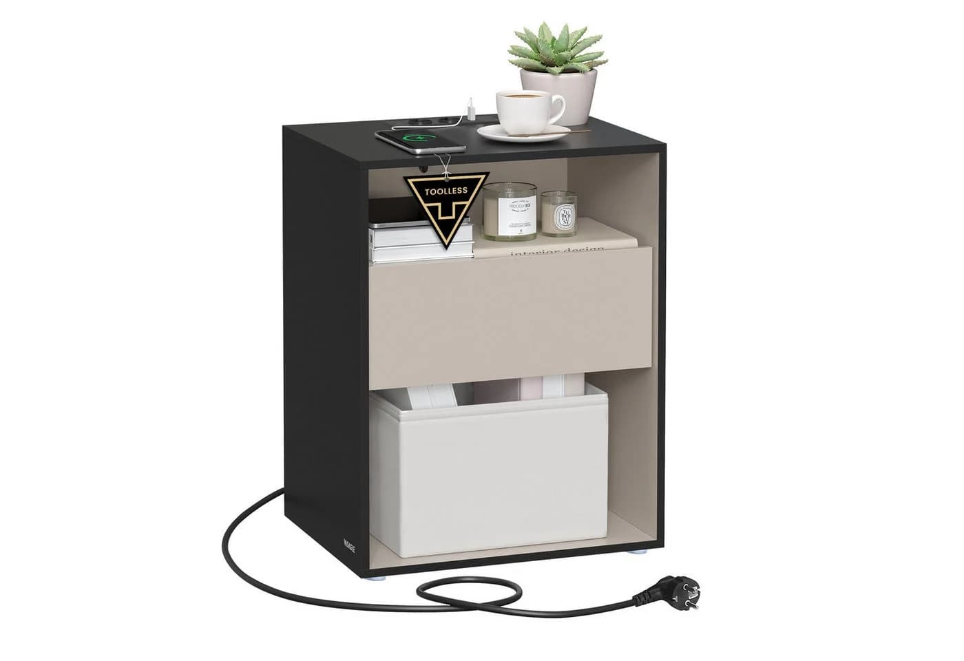 VASAGLE Nachttisch Tintenschwarz-Cappuccinobeige TOOLLESS-Technologie - Bild 2